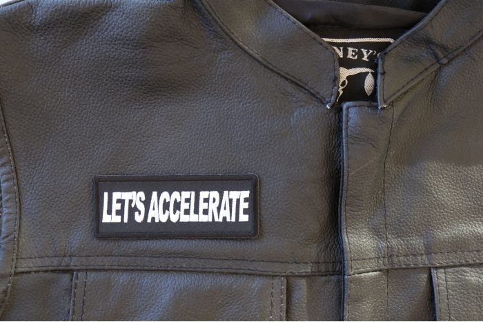 Let's Accelerate Patch, Biker Saying Patches shown on leather vest