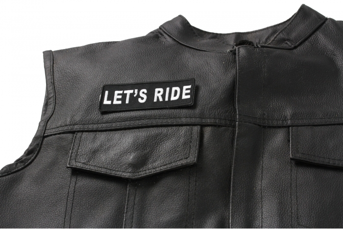 Let's Ride Patch - Iron on Patch - 4x1.5 inch shown on leather vest