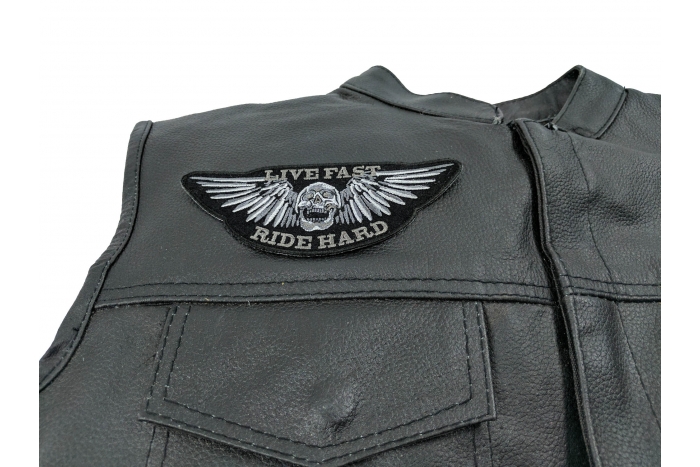 Live Fast Ride Hard Skull Patch, Biker Skull Patches shown on leather vest