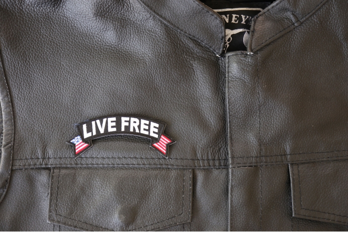 Live Free Patch, Biker Saying Patches shown on leather vest