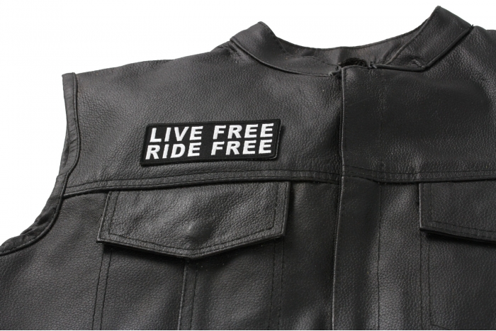Live Free Ride Free Patch, Biker Saying Patches shown on leather vest