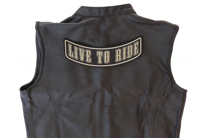 Live To Ride Lower Rocker Beige Over Black Patch - Iron on Patch - 10x4 inch shown on leather vest