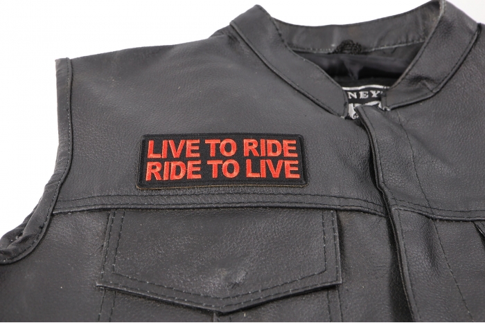 Live To Ride, Ride to Live Patch, Biker Saying Patches shown on leather vest