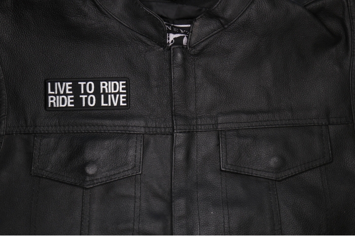 Live To Ride Ride To Live Patch, Biker Saying Patches shown on leather vest