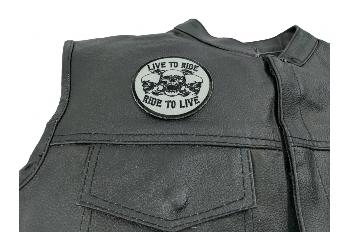 Live To Ride Ride To Live Three Skulls Patch, Biker Skull Patches shown on leather vest