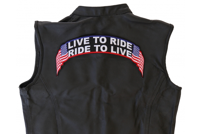Live To Ride Ride To Live Patch, Large Back Patches shown on leather vest