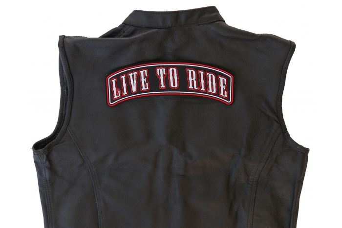 Live To Ride Patch, Large Back Patches shown on leather vest