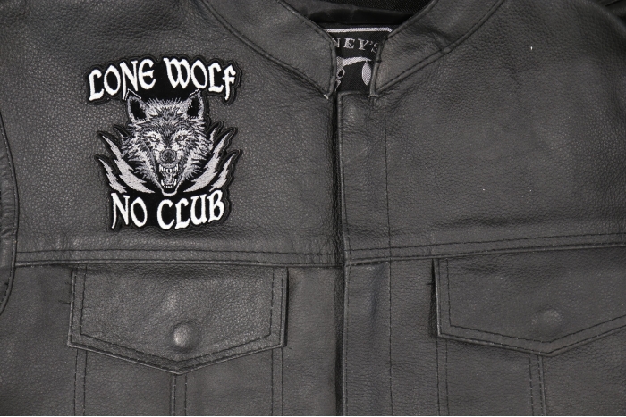 Lone Wolf No Club Small Biker Patch, Biker Patches shown on leather vest