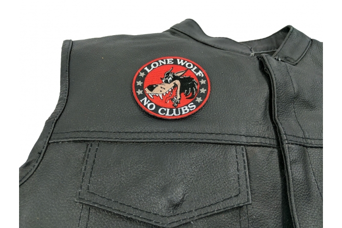 Lone Wolf No Clubs Patch, Biker Patches shown on leather vest