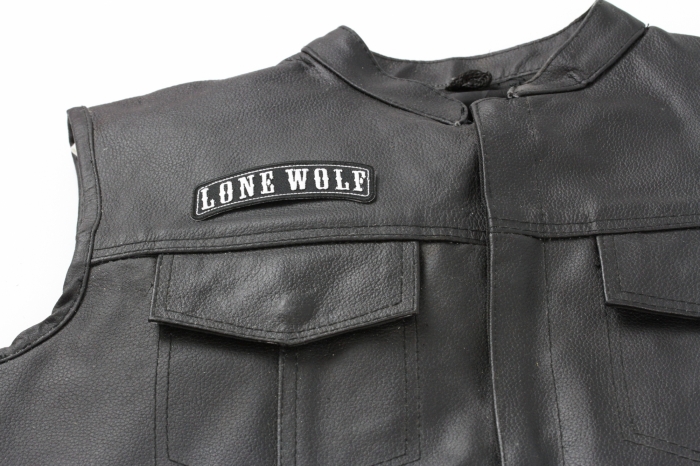 Lone Wolf Patch, Biker Saying Patches shown on leather vest