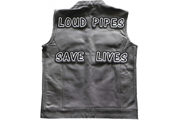 Loud Pipes Save Lives Large Biker Patch Set, Large Back Patches shown on leather vest