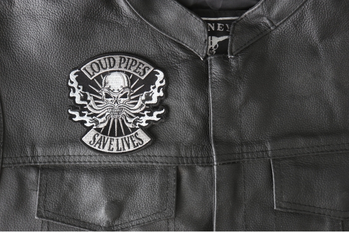 Loud Pipes Save Lives Skull and Pipes Patch, Biker Skull Patches shown on leather vest