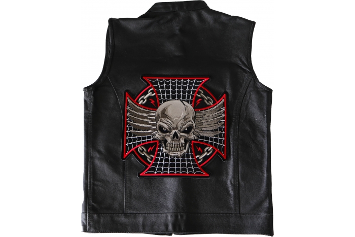 Maltese Skull Patch, Large Skull Patches for Biker Jackets shown on leather vest