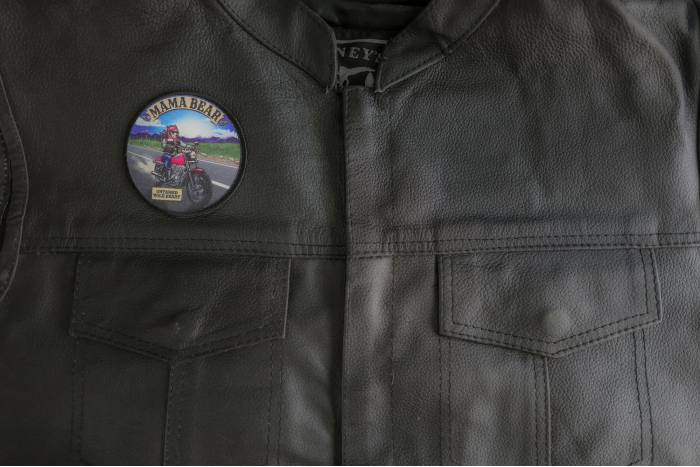 Mama Bear Patch shown on leather vest