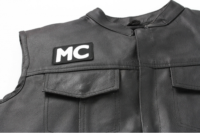 MC Patch, Biker Saying Patches shown on leather vest
