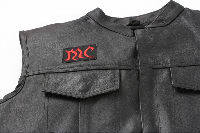 MC Patch, Biker Saying Patches shown on leather vest