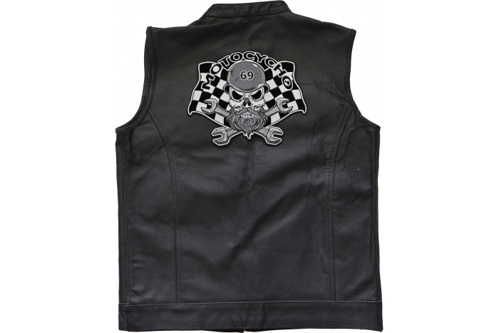Motocycho Bearded Skull Patch, Large Skull Patches for Biker Jackets shown on leather vest