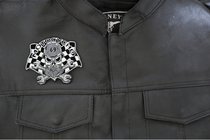 Motocycho 69 Skull, Checkered Flags and Wrenches Patch, Biker Skull Patches shown on leather vest