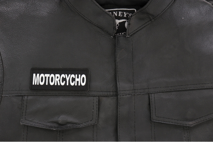 Motorcycho Patch, Biker Saying Patches shown on leather vest