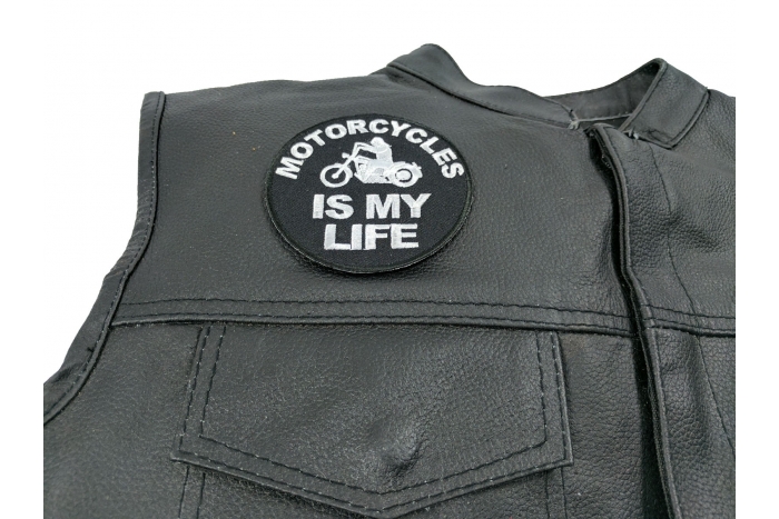 Motorcycles Is My Life Round Patch, Biker Patches shown on leather vest