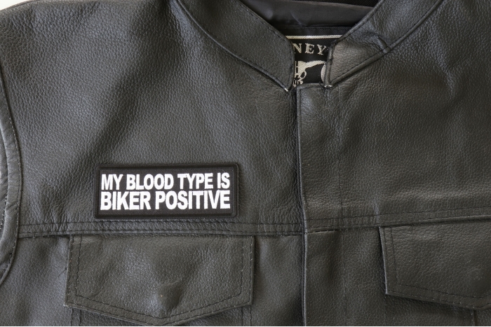My Blood Type is Biker Positive Patch, Biker Saying Patches shown on leather vest