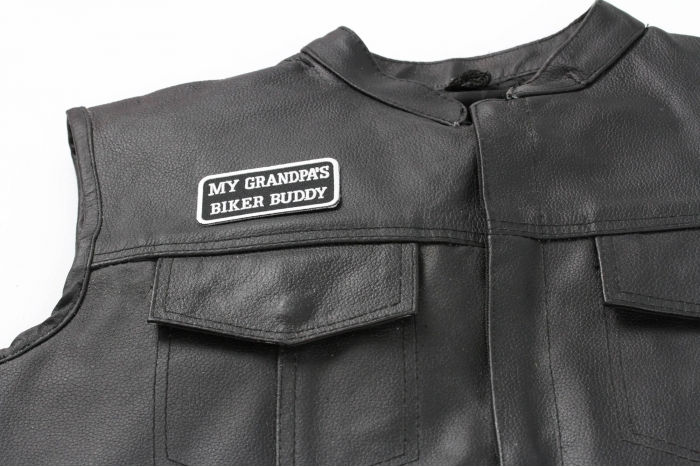 My Grandpa's Biker Buddy Patch, Biker Saying Patches shown on leather vest