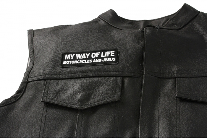 My Way Of Life Motorcycles and Jesus Patch, Biker Saying Patches shown on leather vest