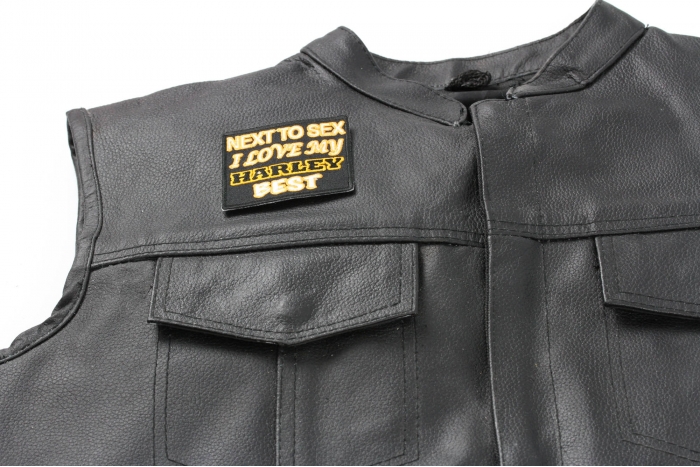 Next To Sex I Love My Harley Best Patch, Biker Saying Patches shown on leather vest