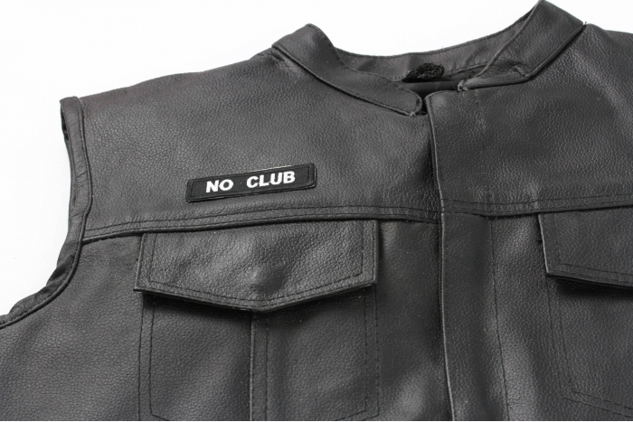 No Club Patch, Biker Saying Patches shown on leather vest