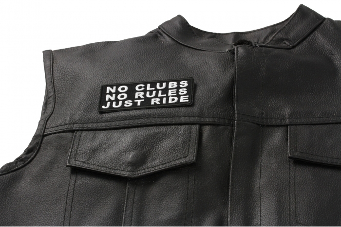No Clubs No Rules Just Ride Patch, Biker Saying Patches shown on leather vest