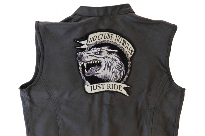 No Clubs No Rules Just Ride Wolf Patch, Large Biker Back Patches for Leather Vests shown on leather vest