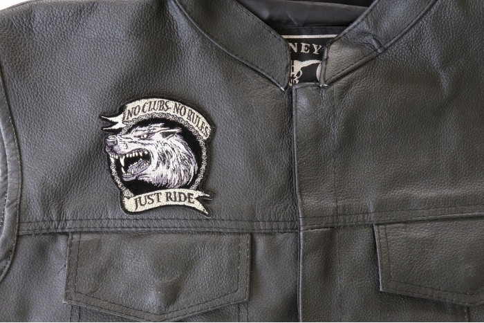 No Clubs No Rules Just Ride Wolf Patch, Biker Patches shown on leather vest
