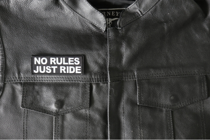 No Rules Just Ride Patch, Biker Saying Patches shown on leather vest