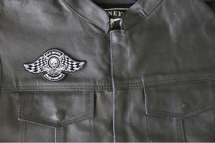 Old Skool Biker Forever Patch, Biker Skull Patches shown on leather vest