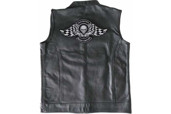 Old Skool Biker Forever Skull Checkered Flags and Spark Plugs Patch, Large Skull Patches for Biker Jackets shown on leather vest