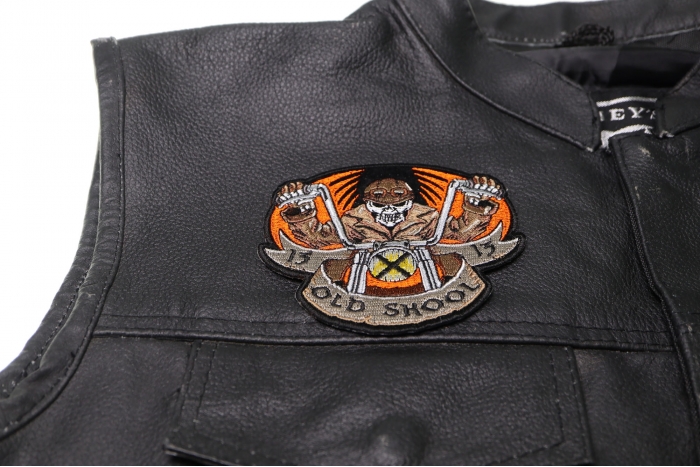 Old Skool Motorcycle Skeleton Patch, Biker Skull Patches shown on leather vest