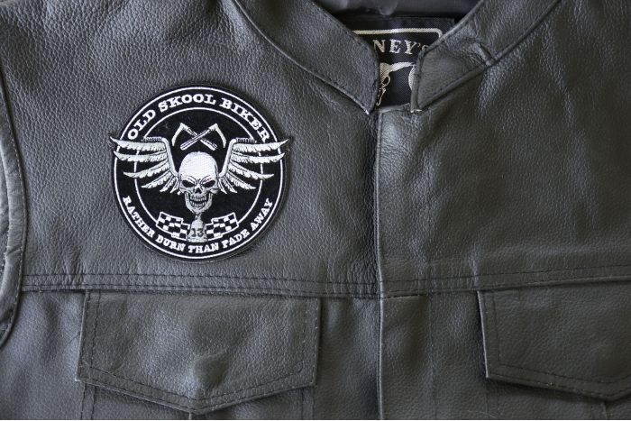 Old Skool Biker Skull Rather Burn Than Fade Away Patch, Biker Skull Patches shown on leather vest