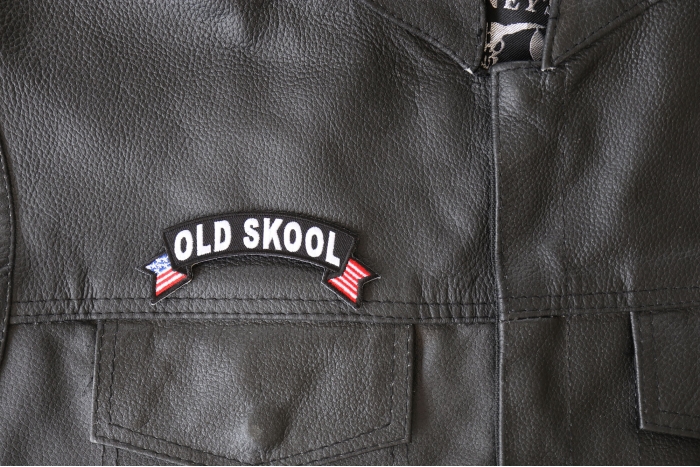 Old Skool Patch, Biker Saying Patches shown on leather vest