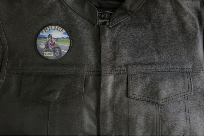 Papa Bear Patch shown on leather vest