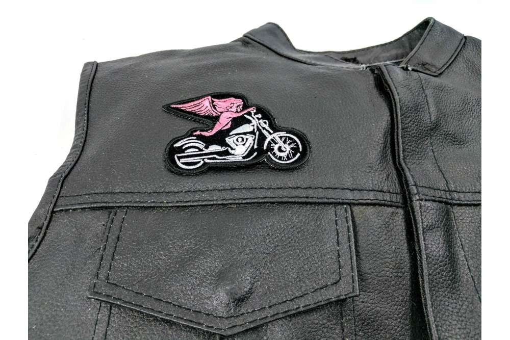 Pink Biker Angel on Motorcycle Patch, Biker Vest Patches, Sew or Iron on Patch