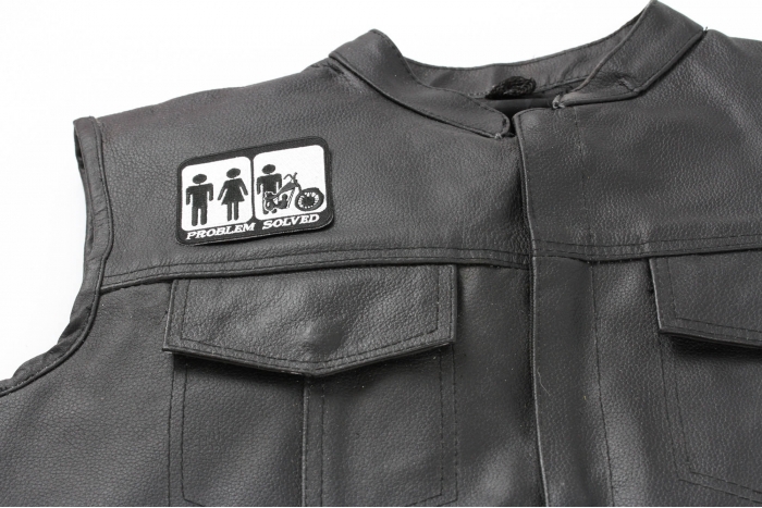 Problem Solved Marriage and Motorcycle Patch, Biker Patches shown on leather vest
