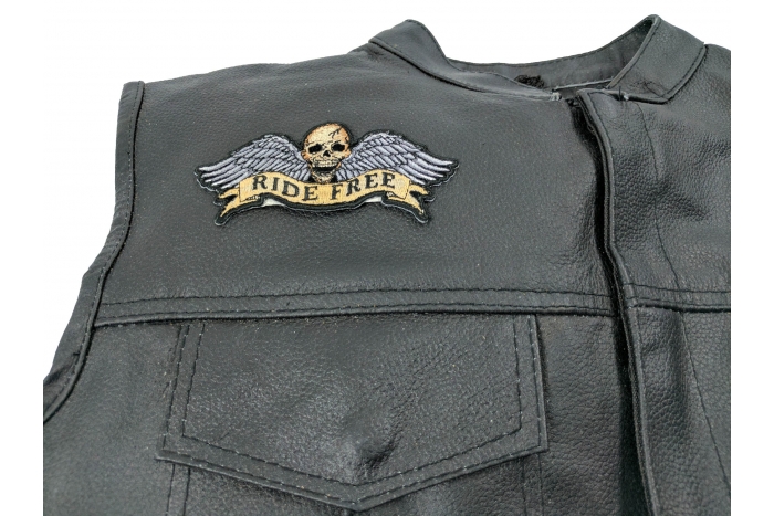 Ride Free Skull and Wings Patch, Biker Skull Patches shown on leather vest