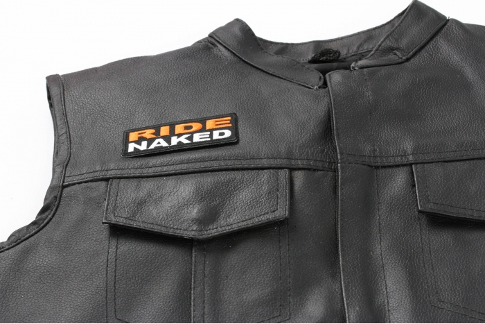 Ride Naked Patch, Biker Saying Patches shown on leather vest