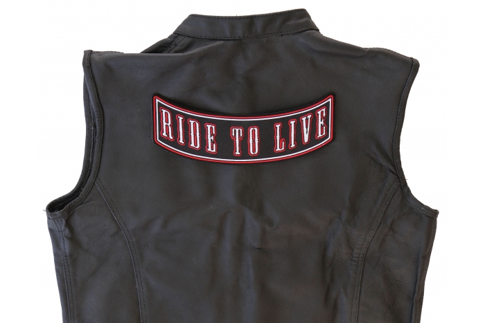 Ride To Live Patch, Large Back Patches shown on leather vest