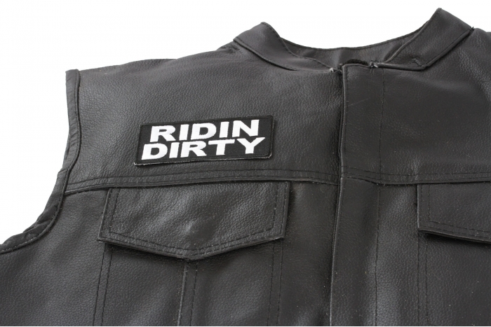 Riding Dirty Patch - Iron on Patch - 4x1.5 inch shown on leather vest