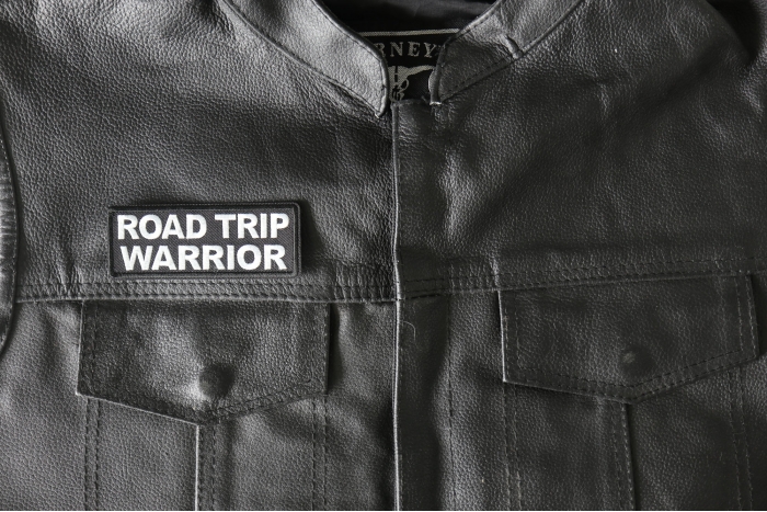Road Trip Warrior Patch, Biker Saying Patches shown on leather vest