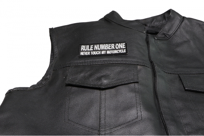 Rule Number One Never Touch my Motorcycle Patch, Biker Saying Patches shown on leather vest