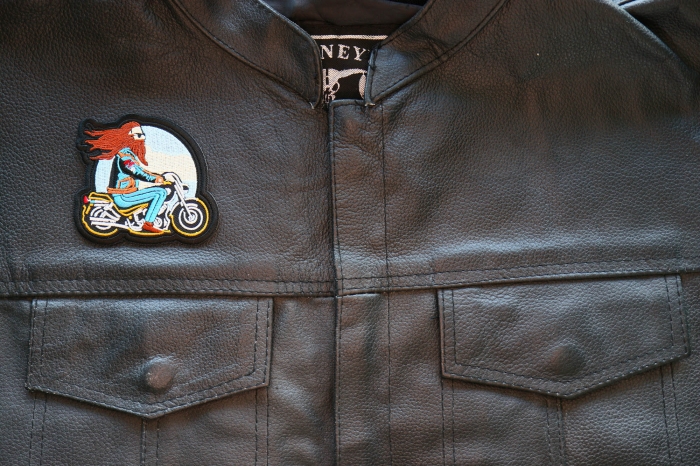 Motorcycle Jacket/Vest Embroidered Biker Patch - Biker on Motorcycle Patch shown on leather vest