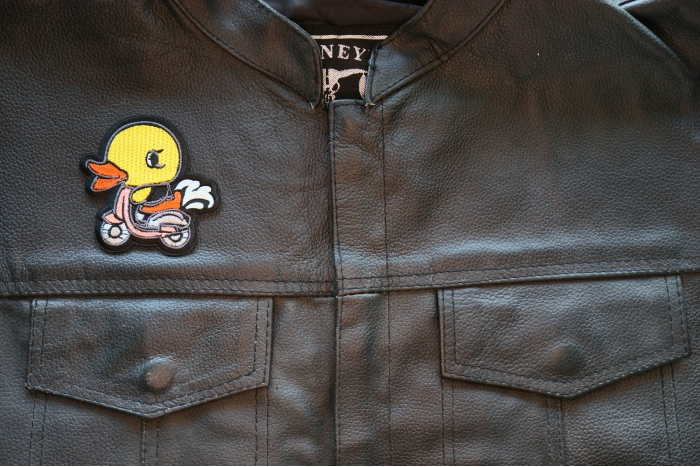 Scooter Duck Patch, Biker Vest Patches, Sew or Iron on Patch shown on leather vest