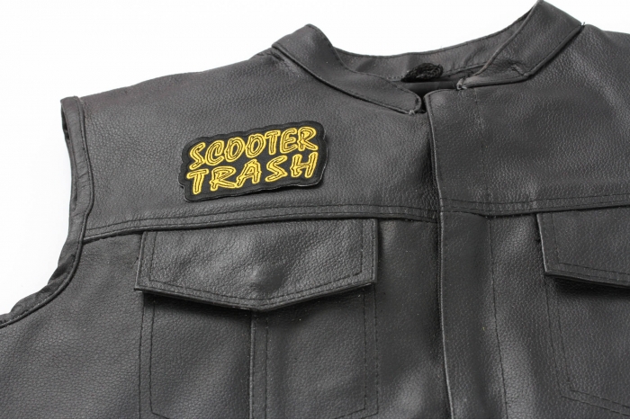 Scooter Trash Patch, Biker Saying Patches shown on leather vest